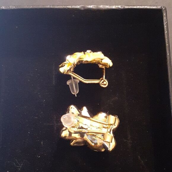 New 18K Gold Plated White Crystal Yellow Colorful Enamel Leaves Omega Back Earr - Picture 5 of 5